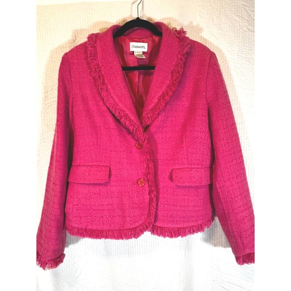 Chadwicks Pink Tweed Blazer Fringe Vintage Career Jacket Barbiecore 14P Feminine - Picture 1 of 7